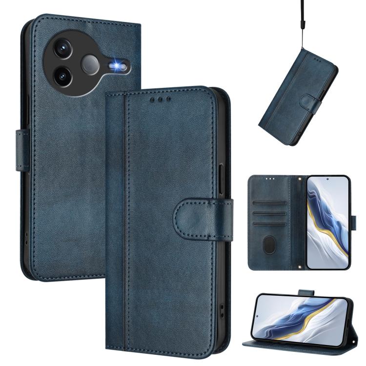 

For Xiaomi Poco F7 Pro 5G / Redmi K80 Line Splicing Buckle Retro Leather Phone Case(Dark Blue)