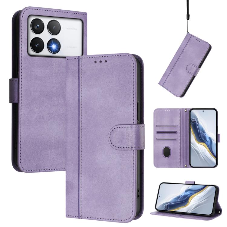 

For Xiaomi Poco F6 Pro 5G Line Splicing Buckle Retro Leather Phone Case(Purple)