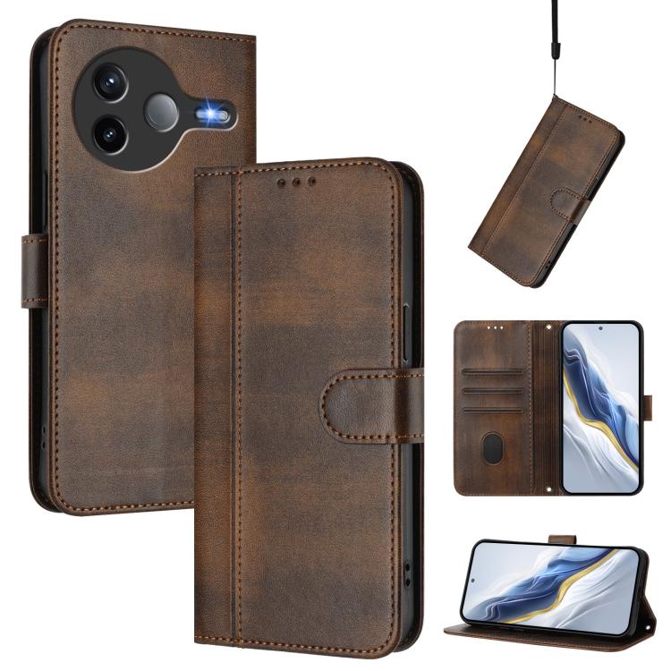 

For Xiaomi Poco F7 Ultra 5G / Redmi K80 Pro Line Splicing Buckle Retro Leather Phone Case(Brown)