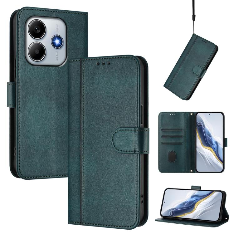 

For Xiaomi Poco M7 Pro 5G / Redmi Note 14 5G Line Splicing Buckle Retro Leather Phone Case(Dark Green)
