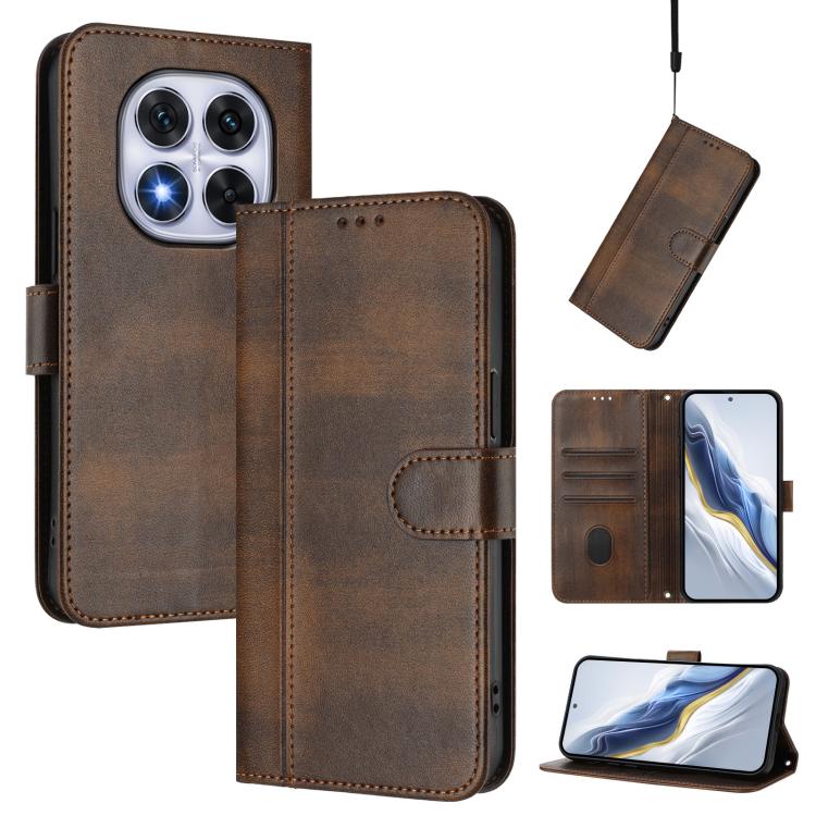 

For Xiaomi Poco X7 5G / Redmi Note 14 Pro 5G Line Splicing Buckle Retro Leather Phone Case(Brown)