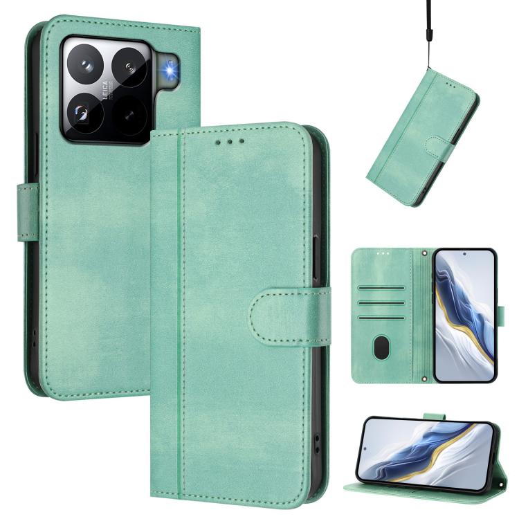 

For Xiaomi 15S Pro 5G Line Splicing Buckle Retro Leather Phone Case(Mint)