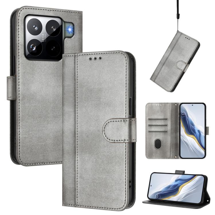 

For Xiaomi 15S Pro 5G Line Splicing Buckle Retro Leather Phone Case(Grey)