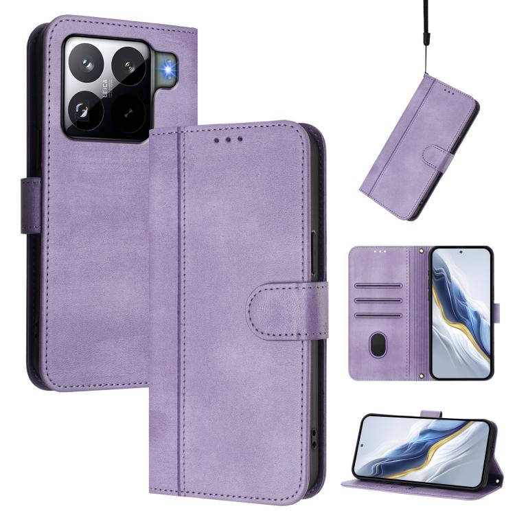 

For Xiaomi 15S Pro 5G Line Splicing Buckle Retro Leather Phone Case(Purple)