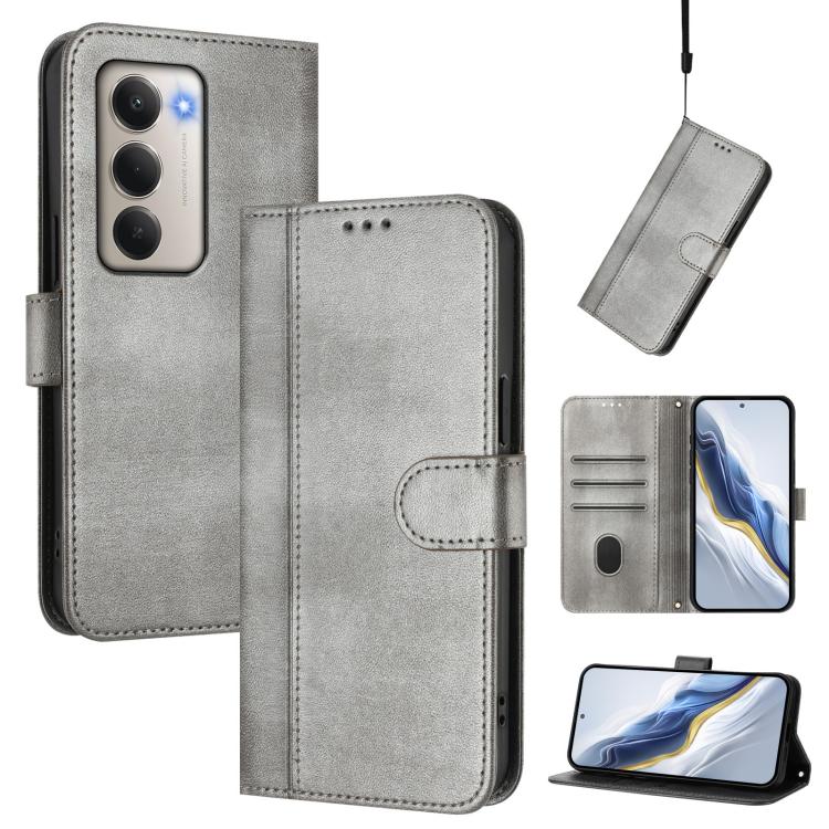 

For Redmi 15 5G Global / 15 4G SEA 169.5mm Line Splicing Buckle Retro Leather Phone Case(Grey)