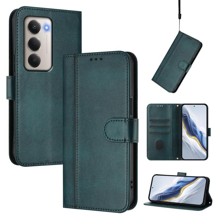 

For Redmi 15 5G Global / 15 4G SEA 169.5mm Line Splicing Buckle Retro Leather Phone Case(Dark Green)