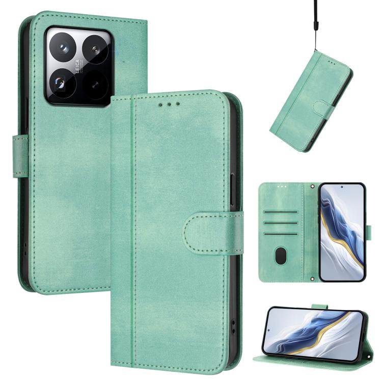 

For Xiaomi 15T 5G Line Splicing Buckle Retro Leather Phone Case(Mint)