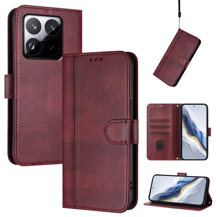 

For Xiaomi 15T 5G Line Splicing Buckle Retro Leather Phone Case(Wine Red)