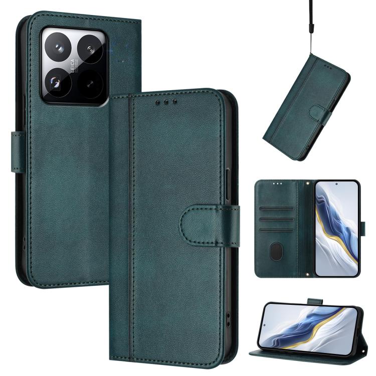 

For Xiaomi 15T 5G Line Splicing Buckle Retro Leather Phone Case(Dark Green)