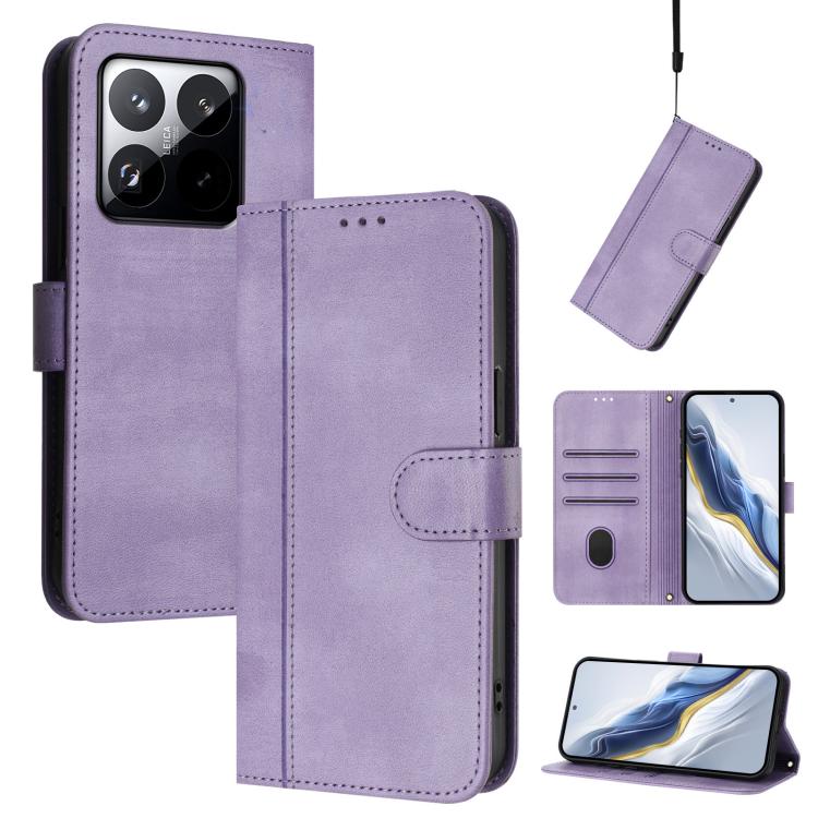 

For Xiaomi 15T 5G Line Splicing Buckle Retro Leather Phone Case(Purple)