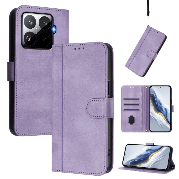 

For Xiaomi 15T Pro 5G Line Splicing Buckle Retro Leather Phone Case(Purple)