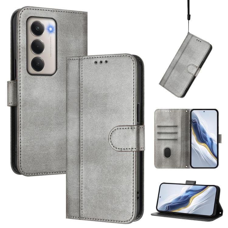 

For Redmi 15 5G / 4G EU 171mm Line Splicing Buckle Retro Leather Phone Case(Grey)