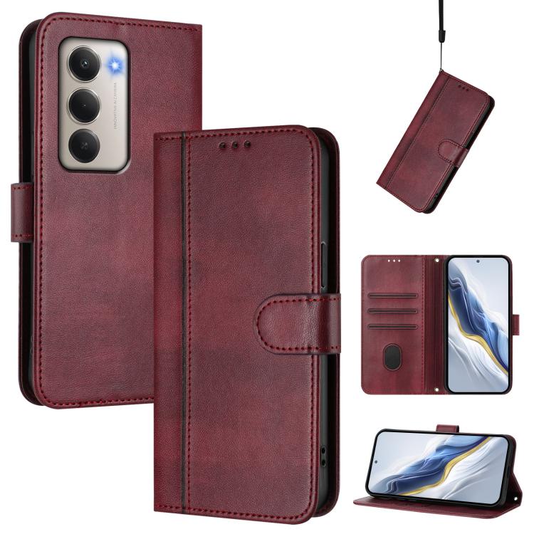 

For Redmi 15 5G / 4G EU 171mm Line Splicing Buckle Retro Leather Phone Case(Wine Red)