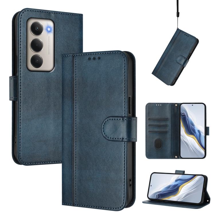 

For Redmi 15 5G / 4G EU 171mm Line Splicing Buckle Retro Leather Phone Case(Dark Blue)