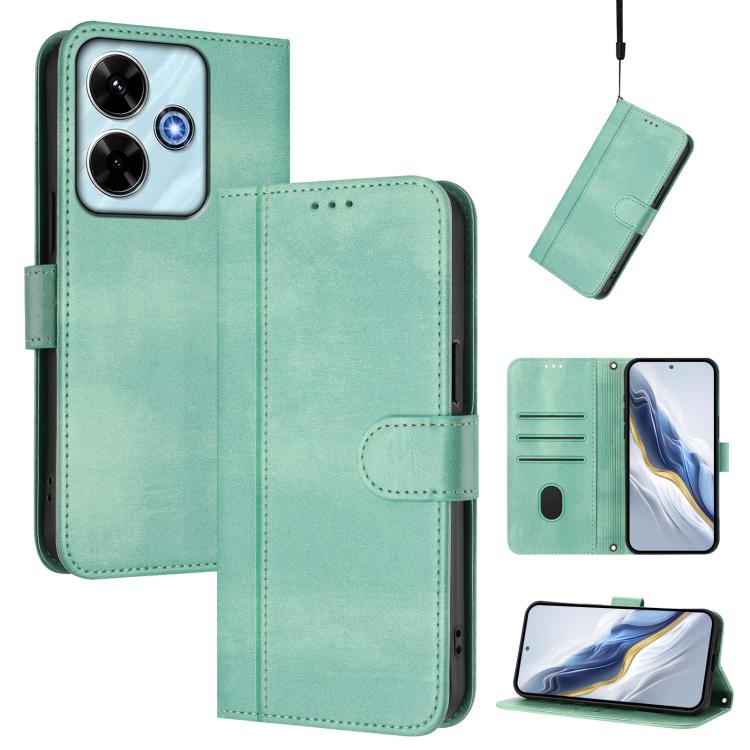 

For Redmi 13 5G / 4G Global Line Splicing Buckle Retro Leather Phone Case(Mint)