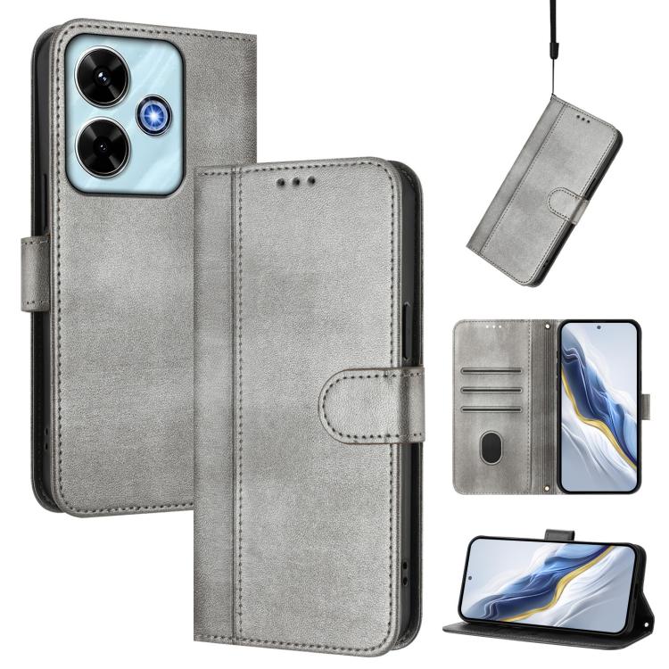 

For Redmi 13 5G / 4G Global Line Splicing Buckle Retro Leather Phone Case(Grey)