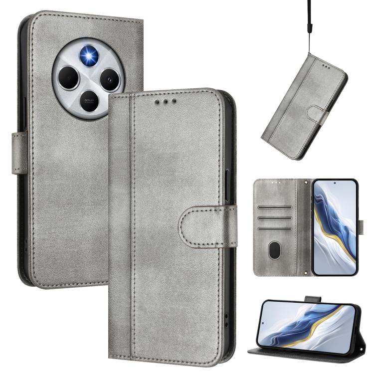 

For Redmi 14C 4G / 14R 5G Global / A3 Pro Line Splicing Buckle Retro Leather Phone Case(Grey)