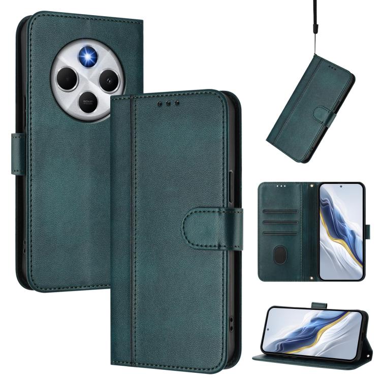 

For Redmi 14C 4G / 14R 5G Global / A3 Pro Line Splicing Buckle Retro Leather Phone Case(Dark Green)