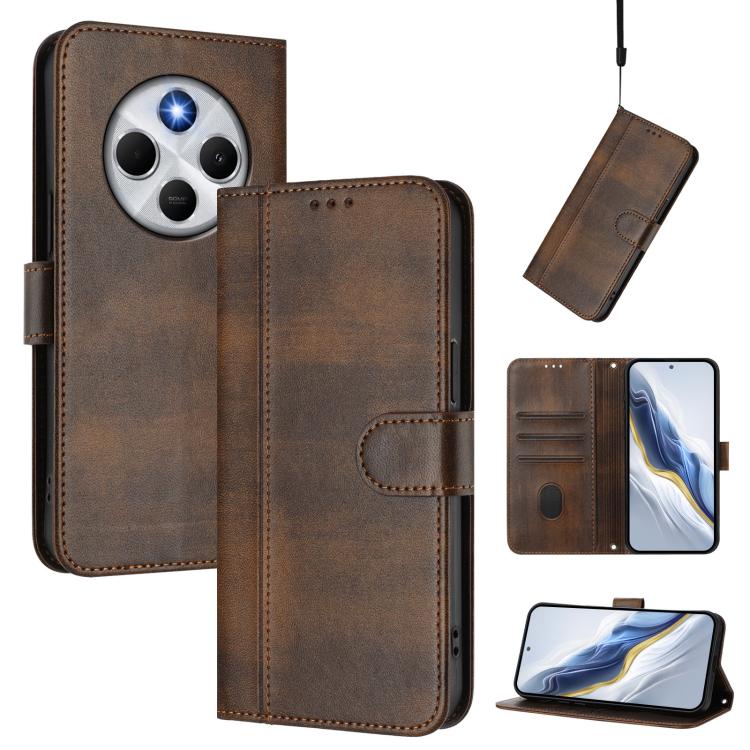

For Redmi 14C 4G / 14R 5G Global / A3 Pro Line Splicing Buckle Retro Leather Phone Case(Brown)