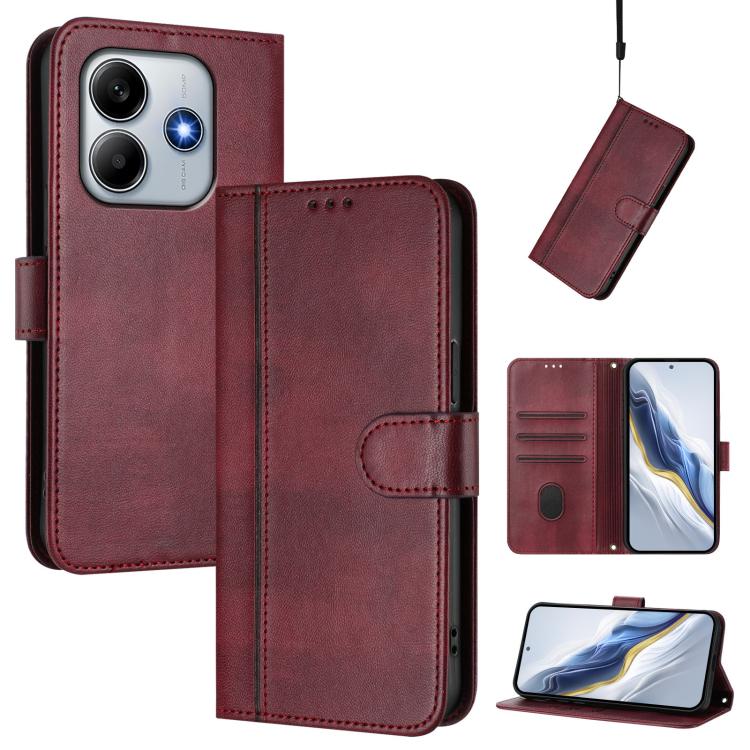 

For Redmi Note 14 4G 163.25mm Line Splicing Buckle Retro Leather Phone Case(Wine Red)