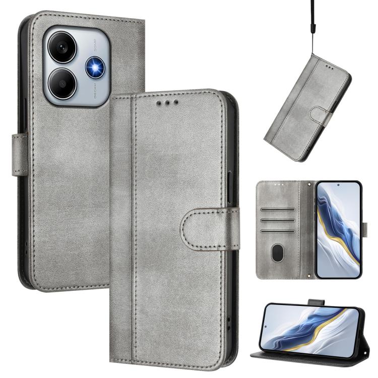 

For Redmi Note 14 4G 164.84mm Line Splicing Buckle Retro Leather Phone Case(Grey)