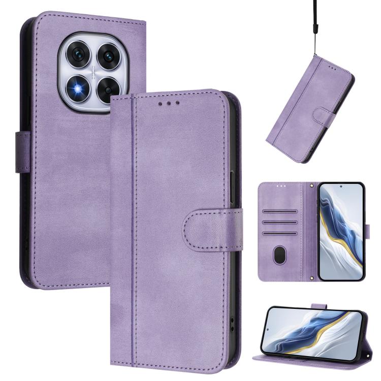 

For Redmi Note 14 Pro 4G Global Line Splicing Buckle Retro Leather Phone Case(Purple)
