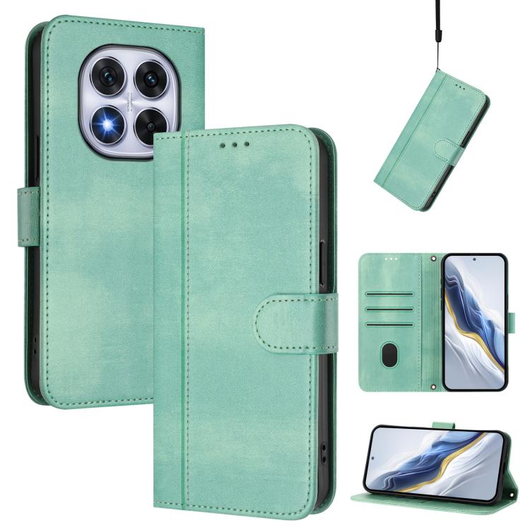 

For Redmi Note 14 Pro 5G India / Note 14 Pro+ Line Splicing Buckle Retro Leather Phone Case(Mint)
