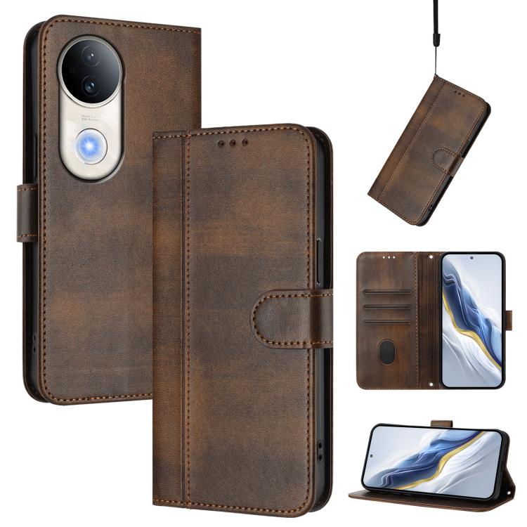 

For vivo S20 5G Line Splicing Buckle Retro Leather Phone Case(Brown)