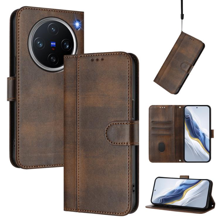 

For vivo X200 Pro mini Line Splicing Buckle Retro Leather Phone Case(Brown)