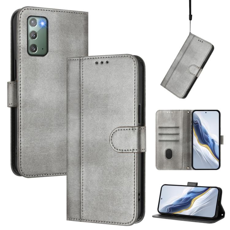 

For Samsung Galaxy Note20 Line Splicing Buckle Retro Leather Phone Case(Grey)