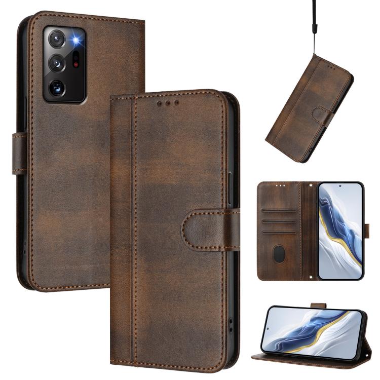 

For Samsung Galaxy Note20 Ultra Line Splicing Buckle Retro Leather Phone Case(Brown)