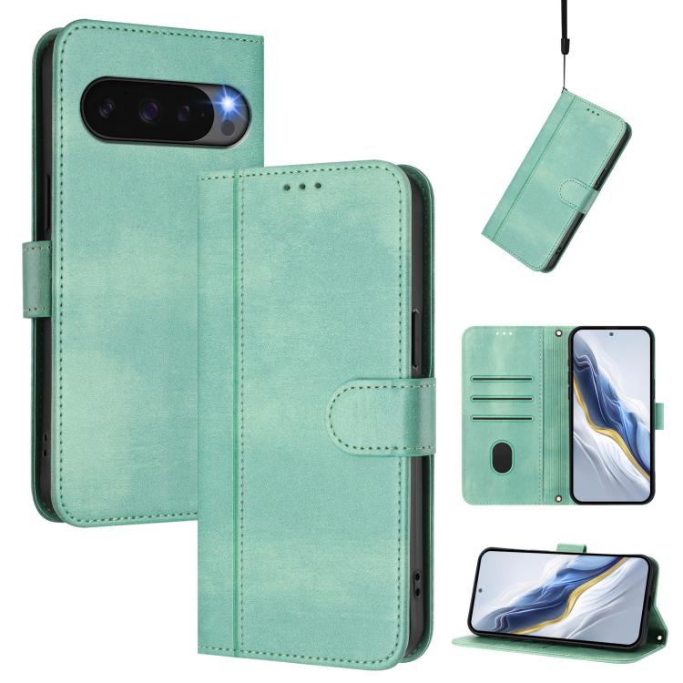 

For Google Pixel 9 Pro XL / Pixel 10 Pro XL Line Splicing Buckle Retro Leather Phone Case(Mint Green)