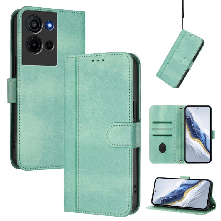 

For TCL K32 5G / K33 5G Line Splicing Buckle Retro Leather Phone Case(Mint Green)