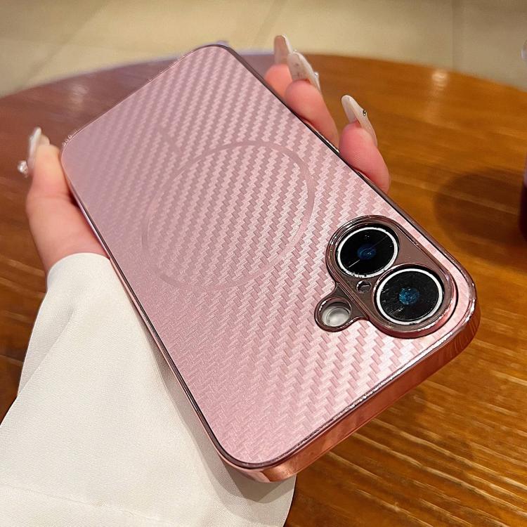 

For iPhone 16 Plating Carbon Fiber MagSafe Full Coverage Phone Case(Pink)
