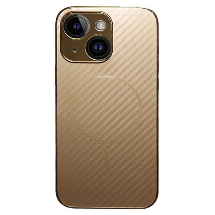 

For iPhone 15 Plus Plating Carbon Fiber MagSafe Full Coverage Phone Case(Gold)