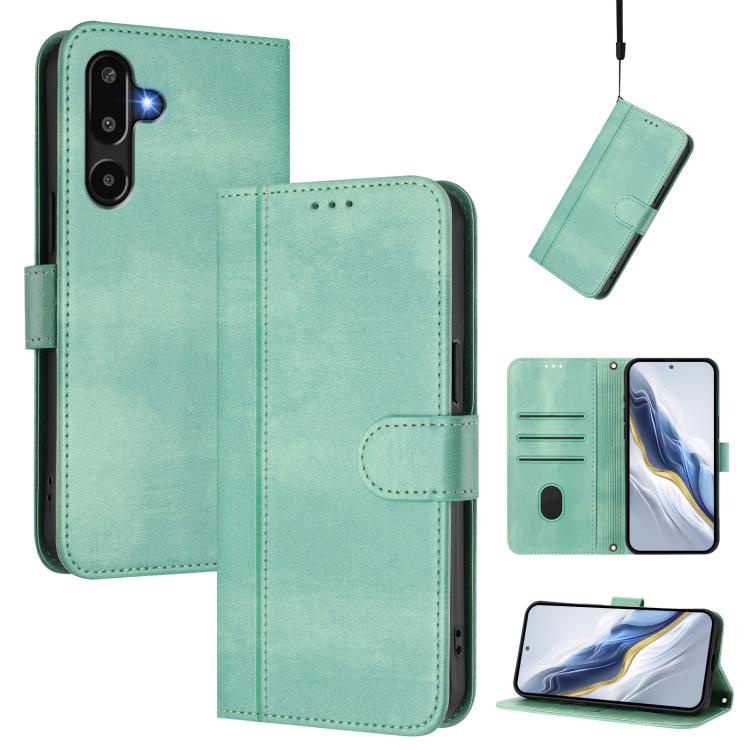 

For Samsung Galaxy M16 5G / F16 5G Line Splicing Buckle Retro Leather Phone Case(Mint Green)