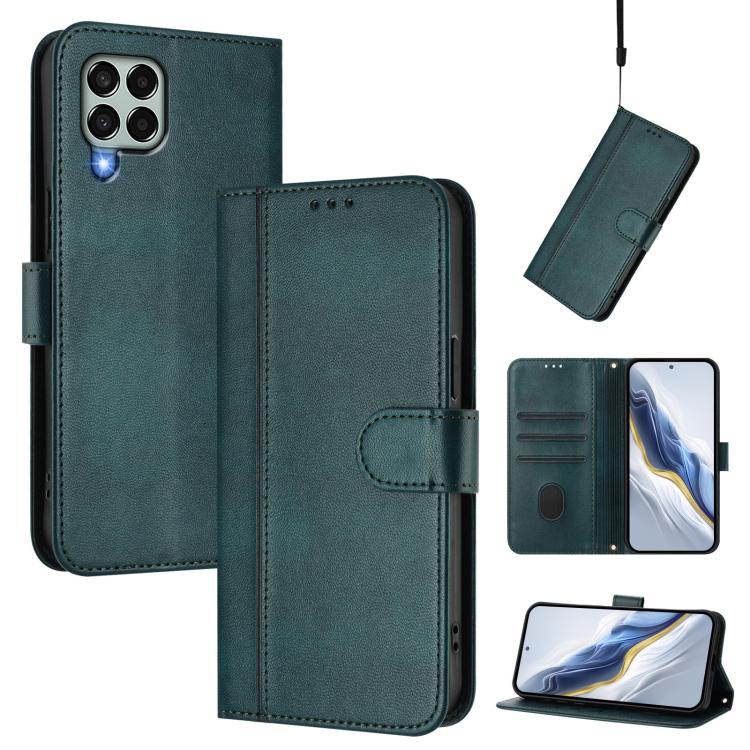 

For Samsung Galaxy M33 5G Global Line Splicing Buckle Retro Leather Phone Case(Dark Green)