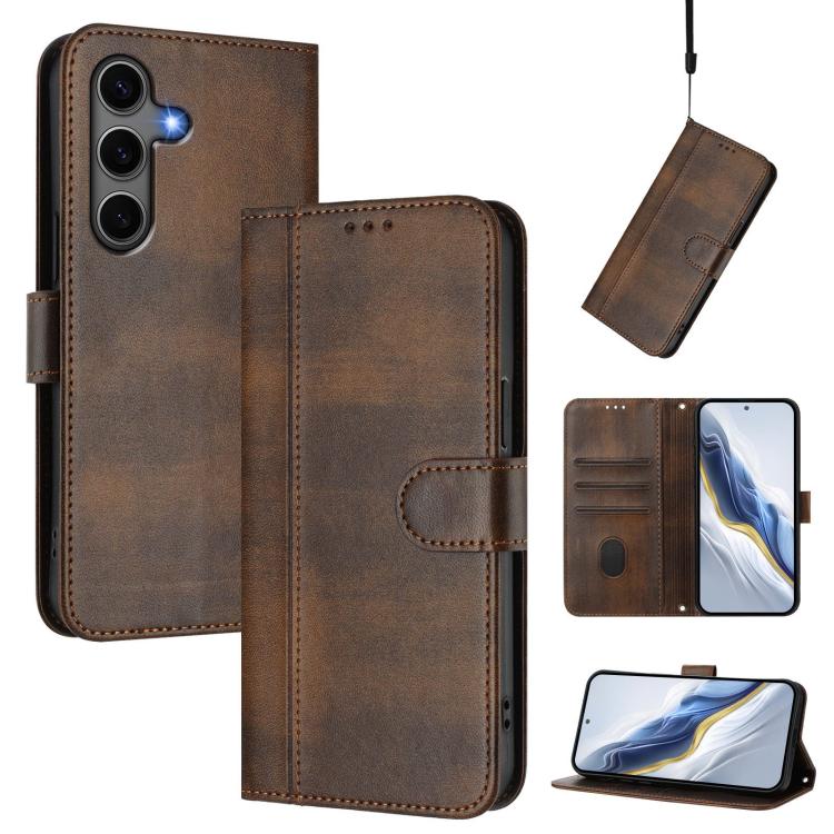 

For Samsung Galaxy S25 / S24 5G Line Splicing Buckle Retro Leather Phone Case(Brown)