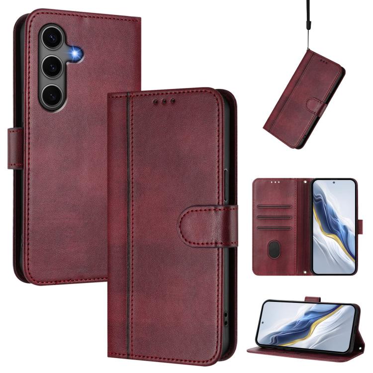 

For Samsung Galaxy S25+ / S24+ 5G Line Splicing Buckle Retro Leather Phone Case(Wine Red)