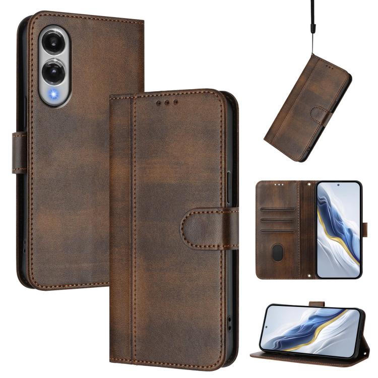 

For Samsung Galaxy S25 Edge 5G Line Splicing Buckle Retro Leather Phone Case(Brown)
