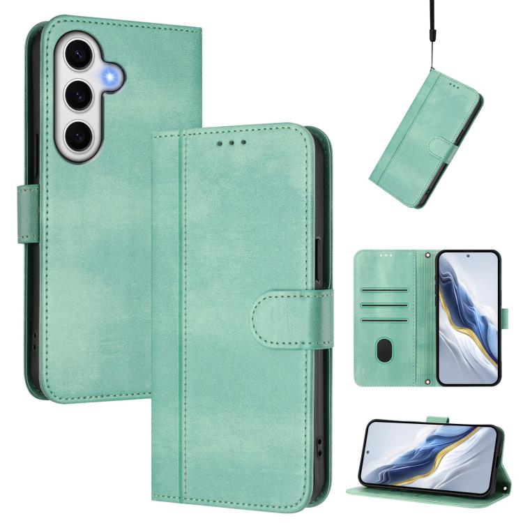 

For Samsung Galaxy S24 FE 5G Line Splicing Buckle Retro Leather Phone Case(Mint Green)