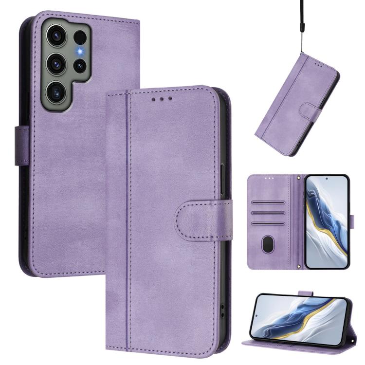 

For Samsung Galaxy S23 Ultra 5G Line Splicing Buckle Retro Leather Phone Case(Purple)