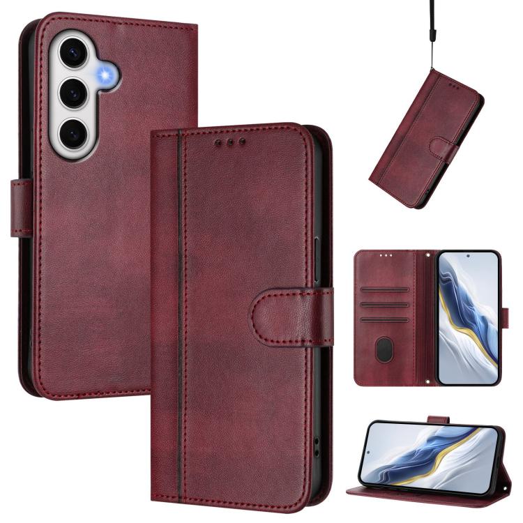 

For Samsung Galaxy S23 FE 5G Line Splicing Buckle Retro Leather Phone Case(Wine Red)