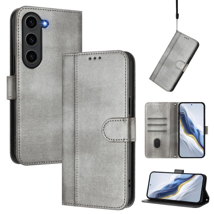 

For Samsung Galaxy S23 5G Line Splicing Buckle Retro Leather Phone Case(Grey)