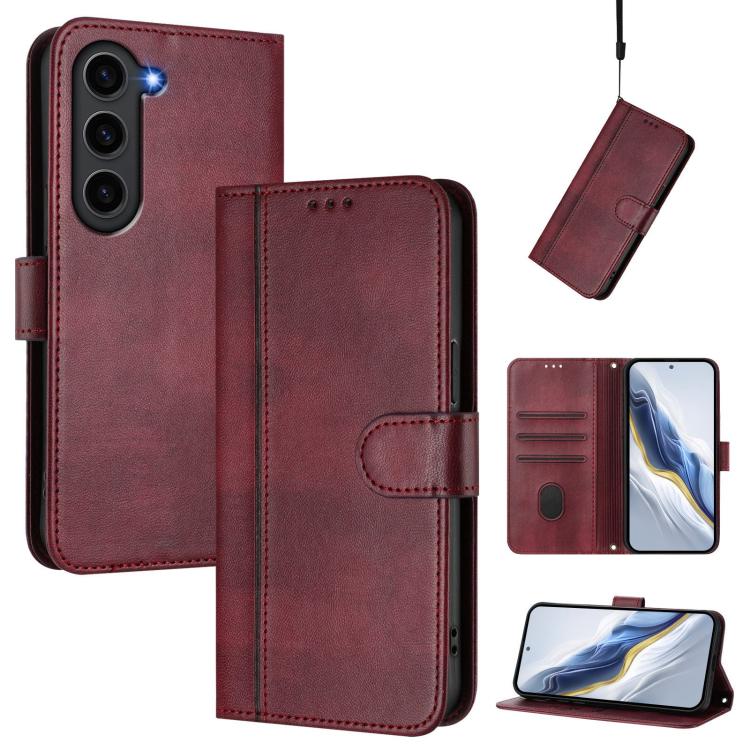 

For Samsung Galaxy S23 5G Line Splicing Buckle Retro Leather Phone Case(Wine Red)