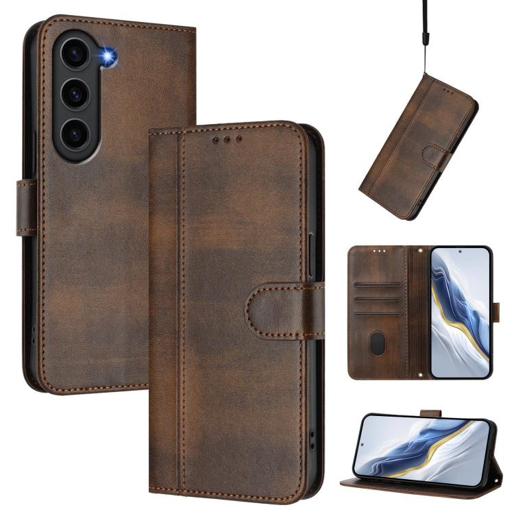 

For Samsung Galaxy S23 5G Line Splicing Buckle Retro Leather Phone Case(Brown)