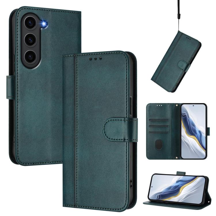 

For Samsung Galaxy S23+ 5G Line Splicing Buckle Retro Leather Phone Case(Dark Green)