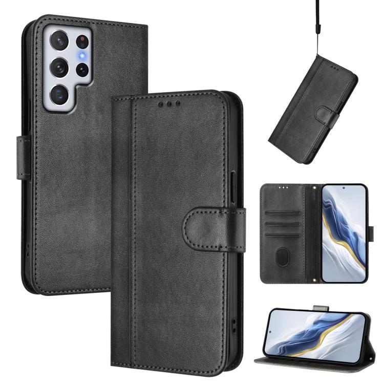 

For Samsung Galaxy S22 Ultra 5G Line Splicing Buckle Retro Leather Phone Case(Black)