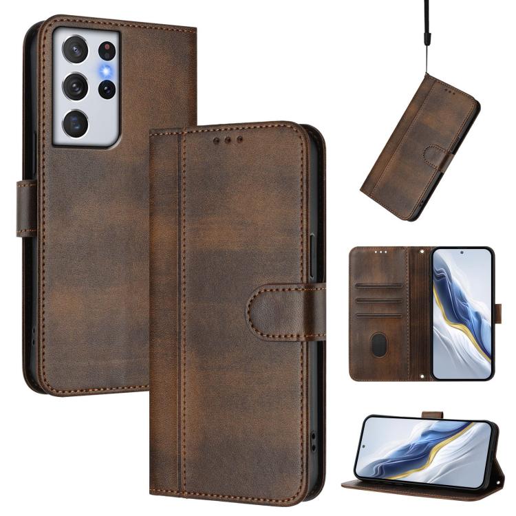 

For Samsung Galaxy S21 Ultra 5G Line Splicing Buckle Retro Leather Phone Case(Brown)