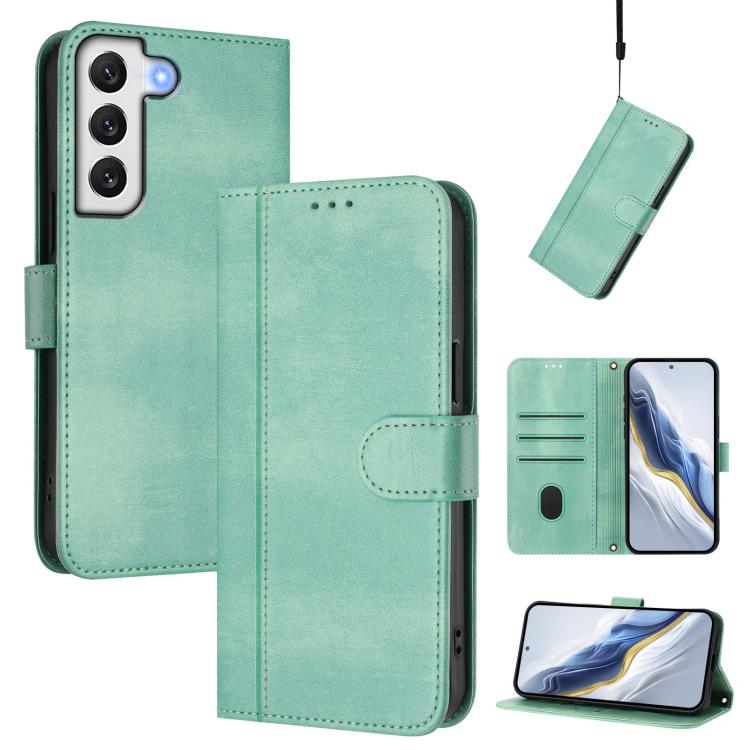

For Samsung Galaxy S22 5G Line Splicing Buckle Retro Leather Phone Case(Mint Green)